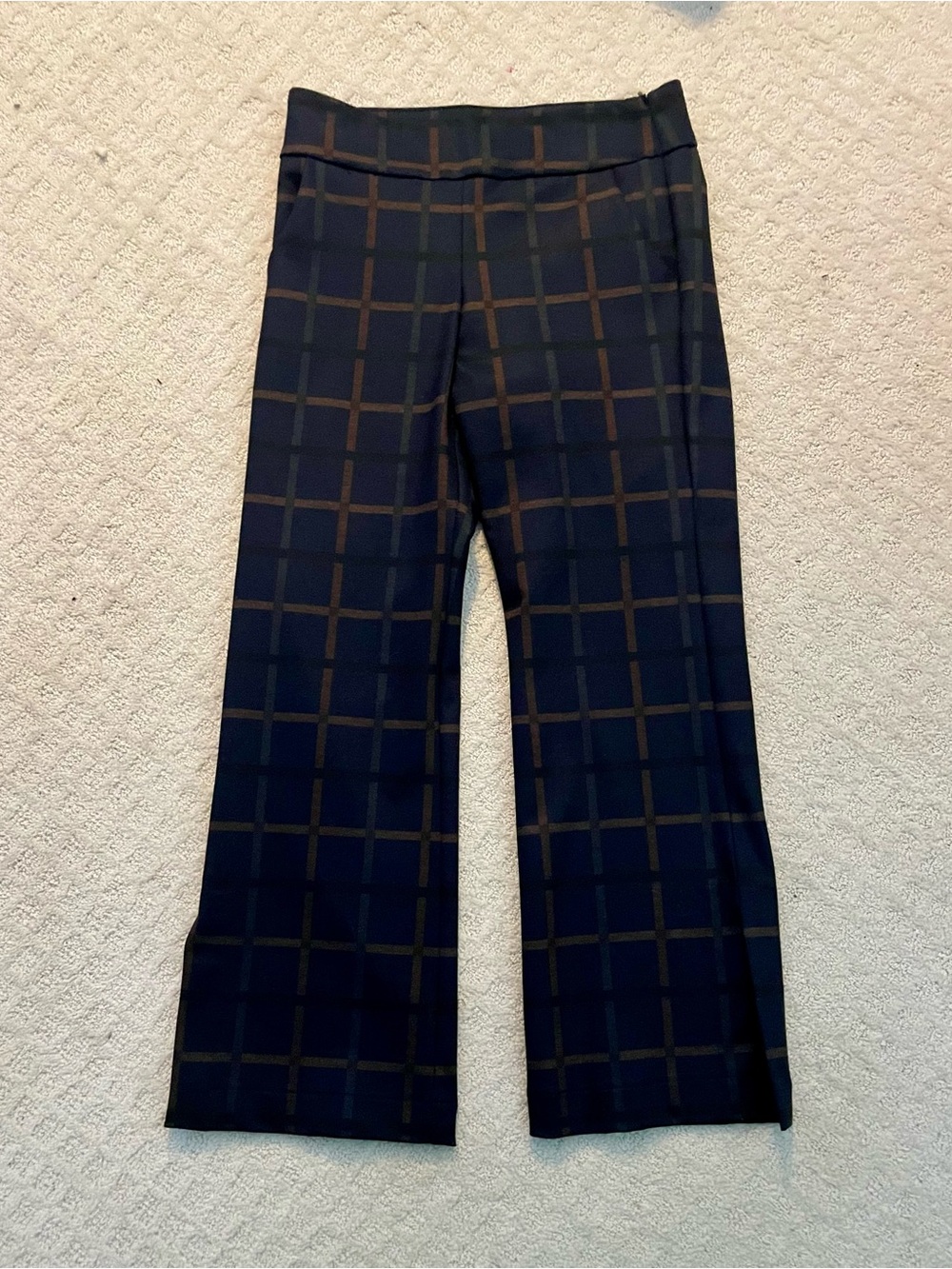 Meg Navy Windowpane Stretch Wide-Leg Cropped pants